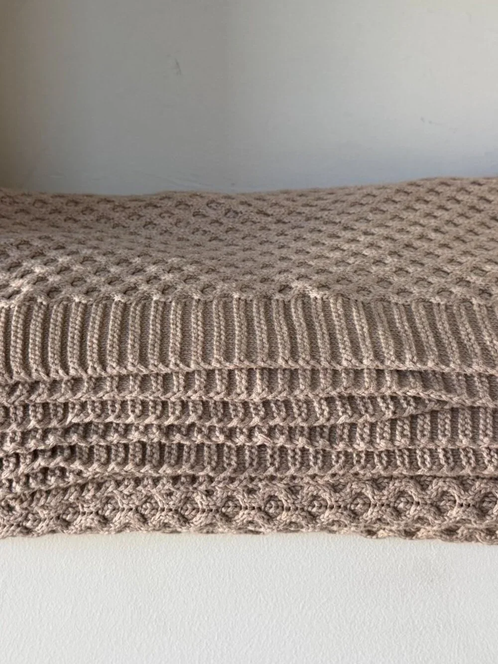 Boll & Branch Organic Cotton Cable Knit Throw Blanket Taupe Beige 55x70